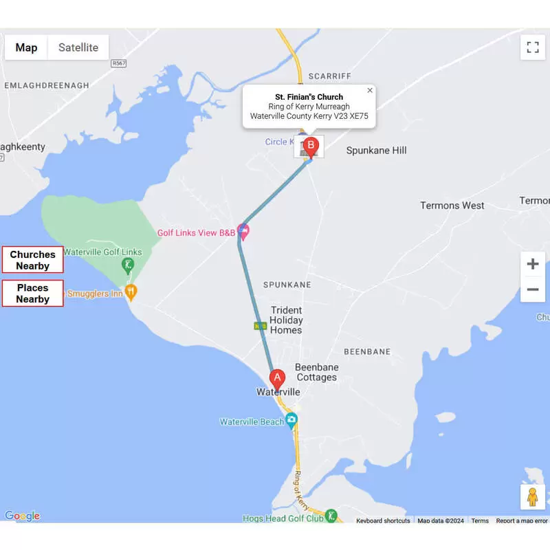 Driving directions to St. Finian's Church from Waterville, Co. Kerry