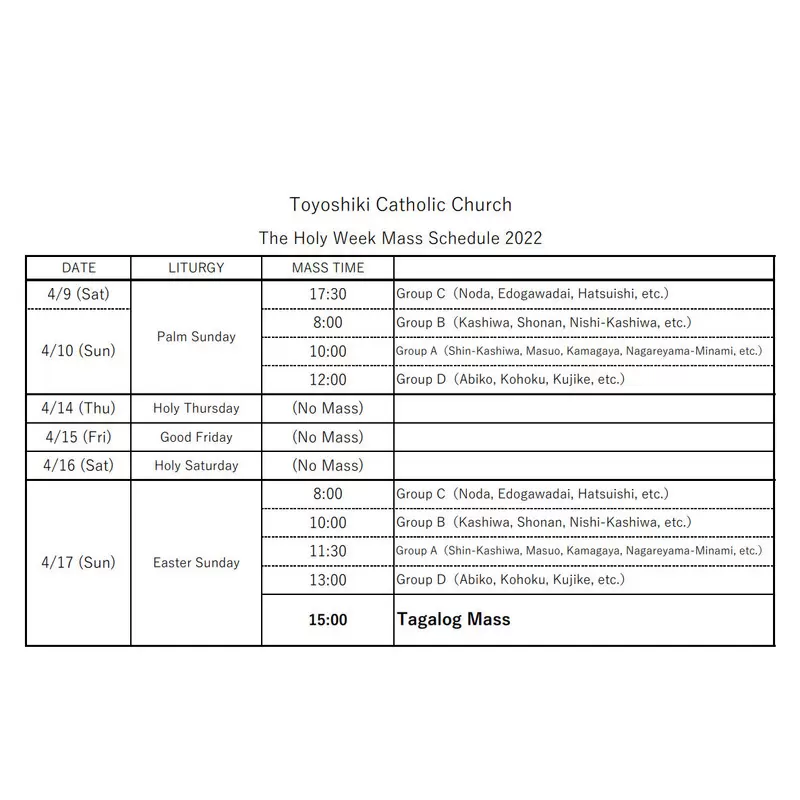 Toyoshiki Catholic Church The Holy Week Mass Schedule 2022