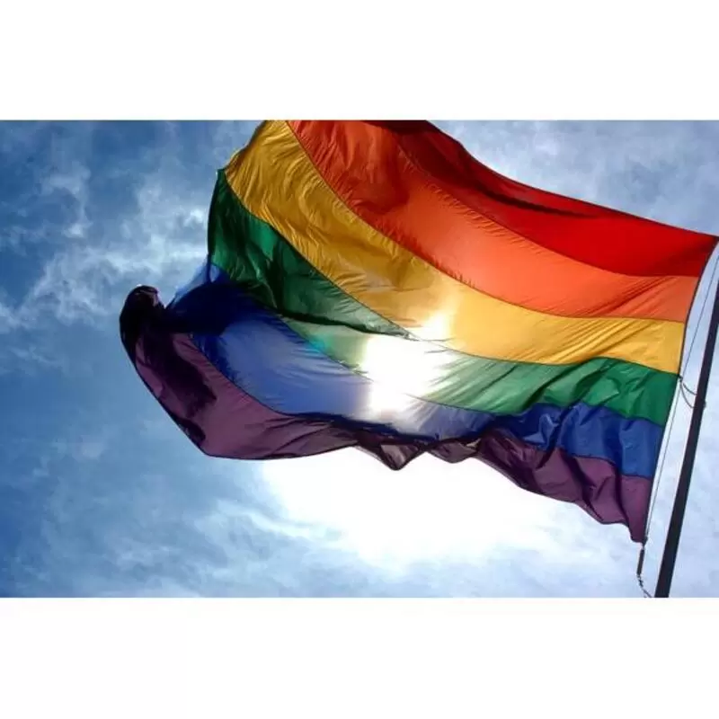 the rainbow flag of Pride flying in a strong wind