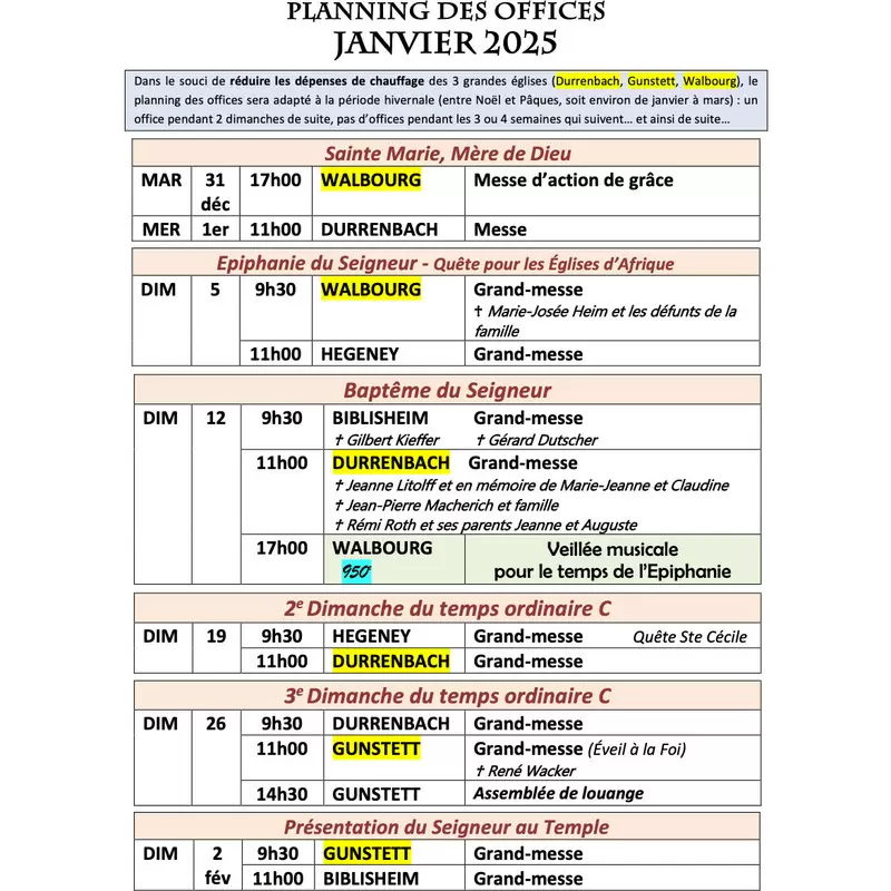 Planning des offices Janvier 2025