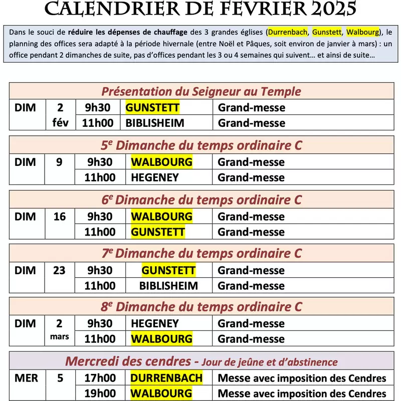 Calendrier de Fevrier 2025