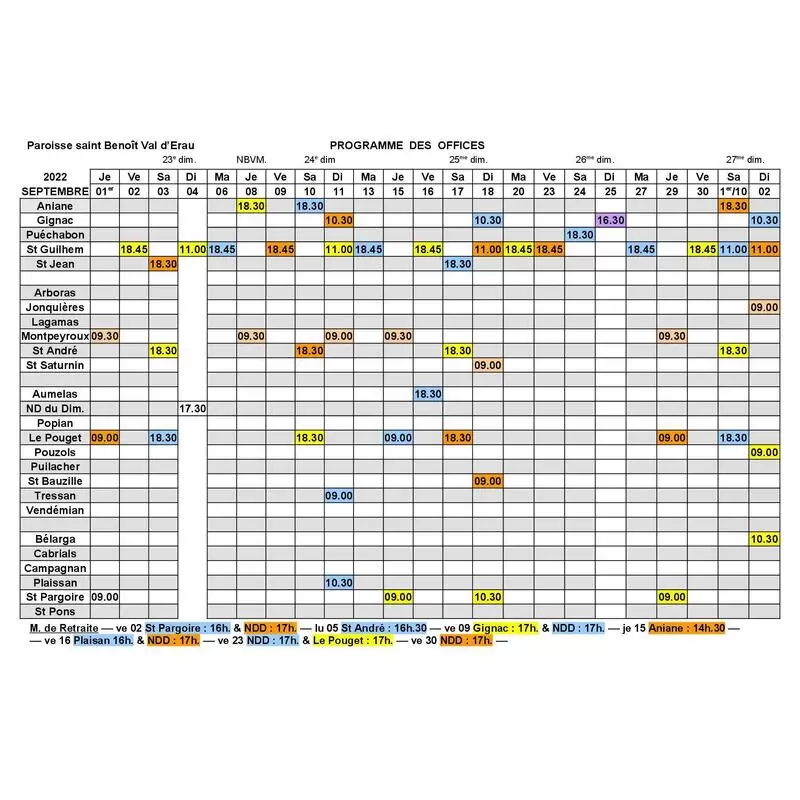 Paroisse Saint Benoît Val d'Erau - messes septembre 2022