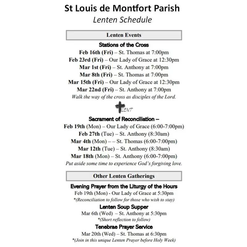 St. Louis de Montfort Parish 2024 Lenten Schedule