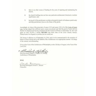 DECREE  OF THE RELEGATION OF SAINT JOHN OF THE CROSS CHURCH, ROSYLN, PENNSYLVANIA TO PROFANE BUT NOT SORDID USE - page 2