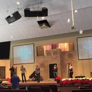 Getting the stage ready for the Christmas Eve service