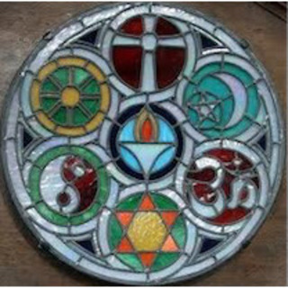 stained glass panel with Unitarian chalice at centre, ringed by symbols from Christianity, Islam, Hinduism, Judaism, Taoism and Buddhism