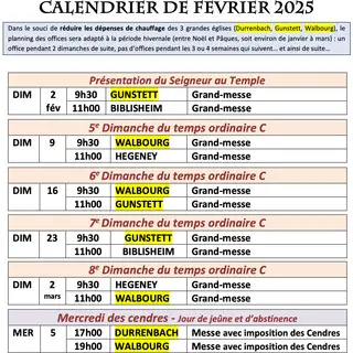 Calendrier de Fevrier 2025