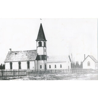 The first Lac du Bonnet Roman Catholic " Notre Dame du Lac Parish" with attendance of 140 people in 1910 - photo courtesy of The Lac du Bonnet and District Historical Society Inc.