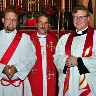 Dn. Jim, Bp. Foley, Fr. Chris